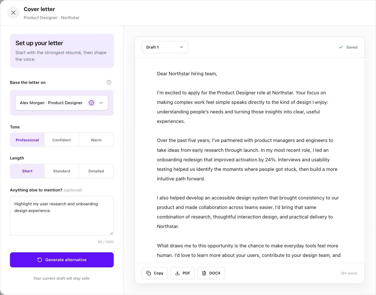 The workersX cover letter generator with résumé selection, tone and length controls, an editable draft, and PDF and Word exports.