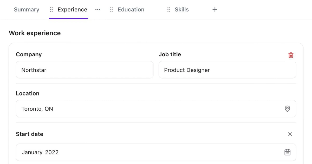A close-up of the résumé builder’s experience editor with company, job title, and location fields, using sample content.