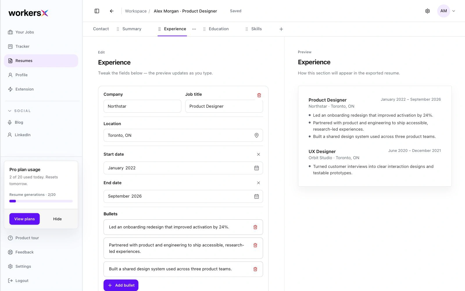The workersX résumé builder with experience fields and a live preview.