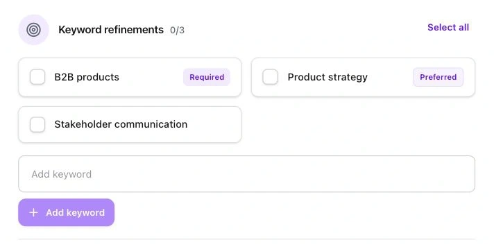 A close-up of résumé tailoring controls for choosing relevant keywords and adding your own, using sample content.